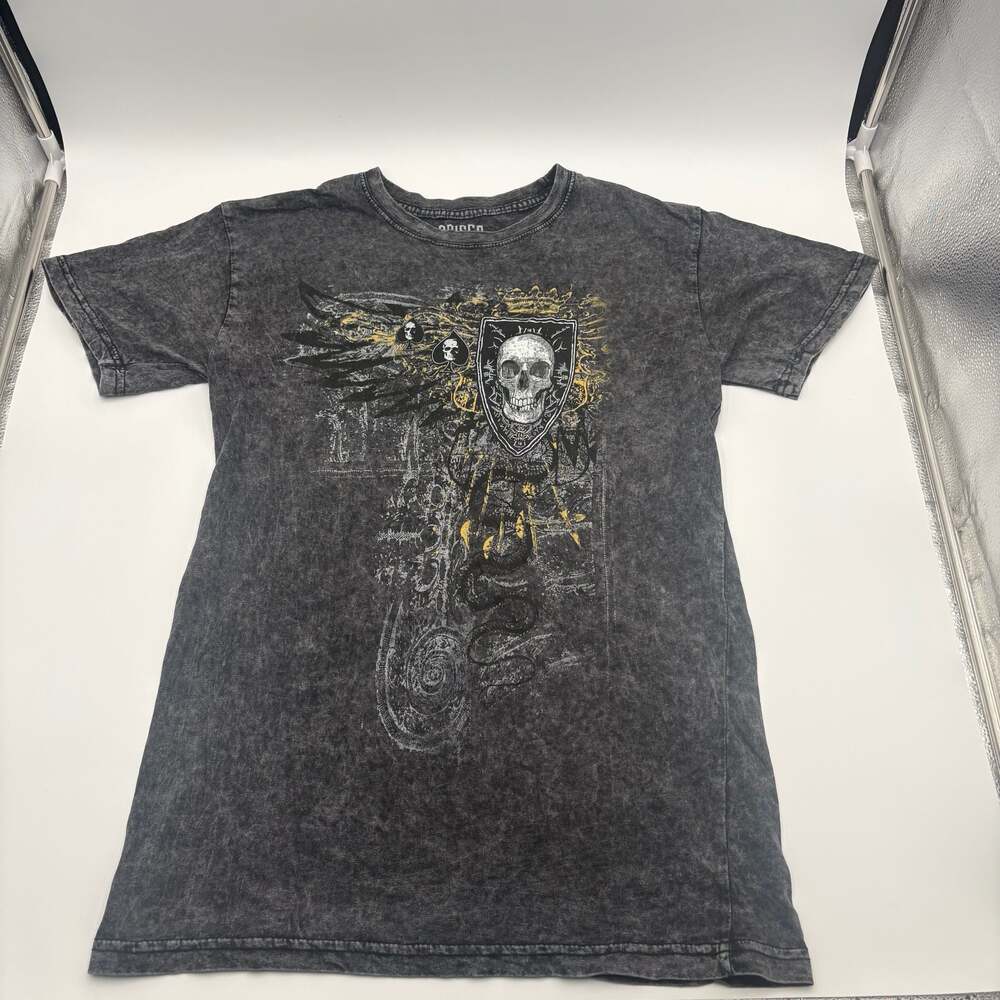 Brisco Brands Acid Wash Skull Shield Wings Graphic T-Shirt Medium